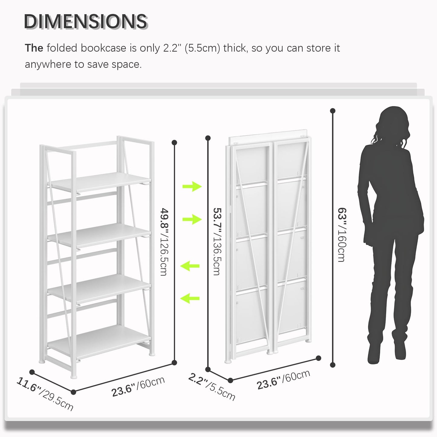 4NM No Assembly Folding Bookshelf Storage Shelves 4 Tiers Vintage Bookcase Standing Racks Study Organizer Home Office (All White)