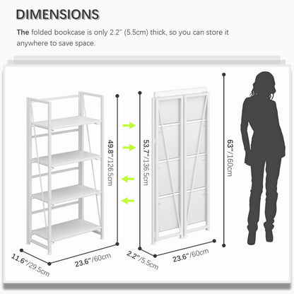 4NM No Assembly Folding Bookshelf Storage Shelves 4 Tiers Vintage Bookcase Standing Racks Study Organizer Home Office (All White)