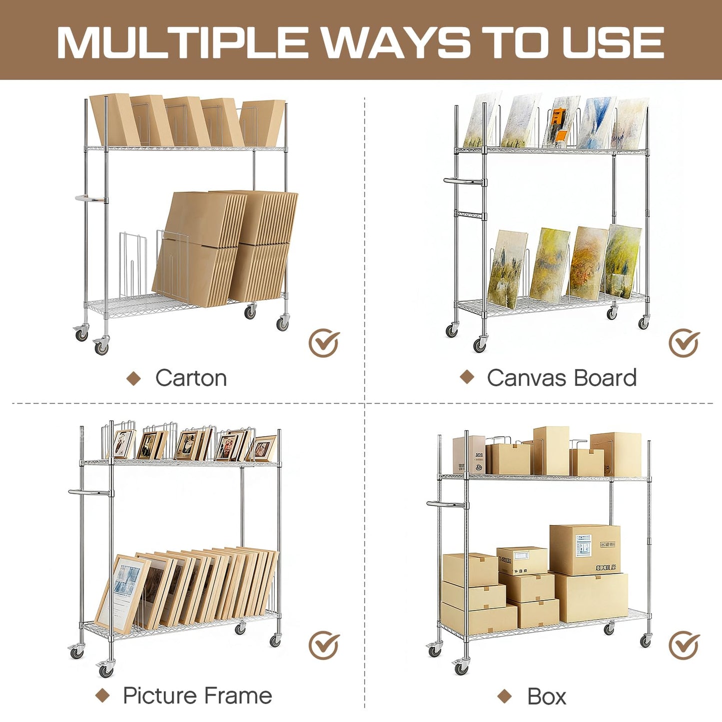 BBTO Carton Cart, Portable Steel Cardboard Organizer Carton Storage Rack with Wheels and Dividers for Art Storage Rack Home Supermarket Warehouse Commercial