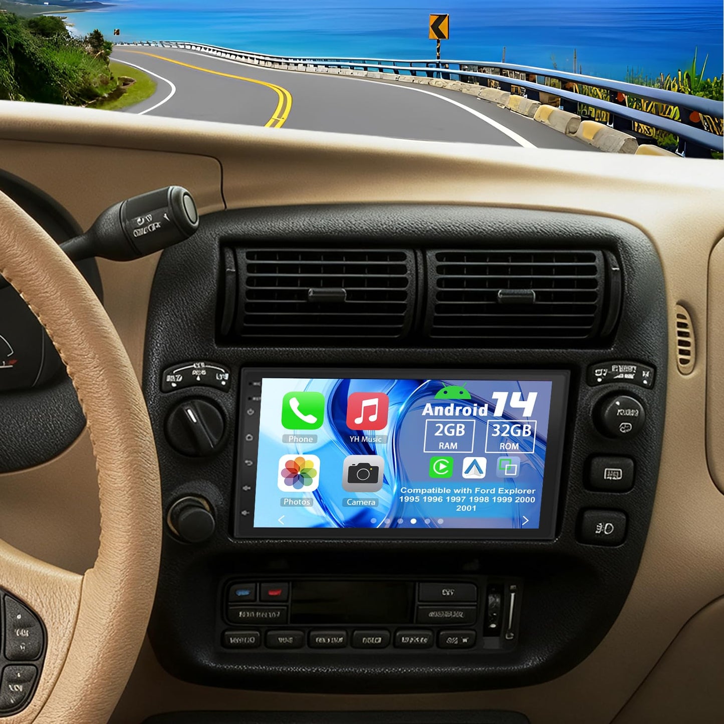 Slakerbe Android 14 Double Din Car Stereo Radio Compatible with Ford Explorer 1995-2001, 2G+32G 7" Touchscreen Car Radio w/Wireless Carplay Android Auto GPS WiFi Bluetooth RDS SWC Mic Backup Camera