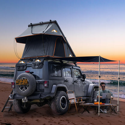 Adventurer Pro Rooftop Tent Hard Shell with Side Awning&LED Light Strip, 2-3 Person Roof Top Tent for 4 Season Camping, Aluminum Pop Up Roof Tent for Truck Jeep SUV Van Trailer