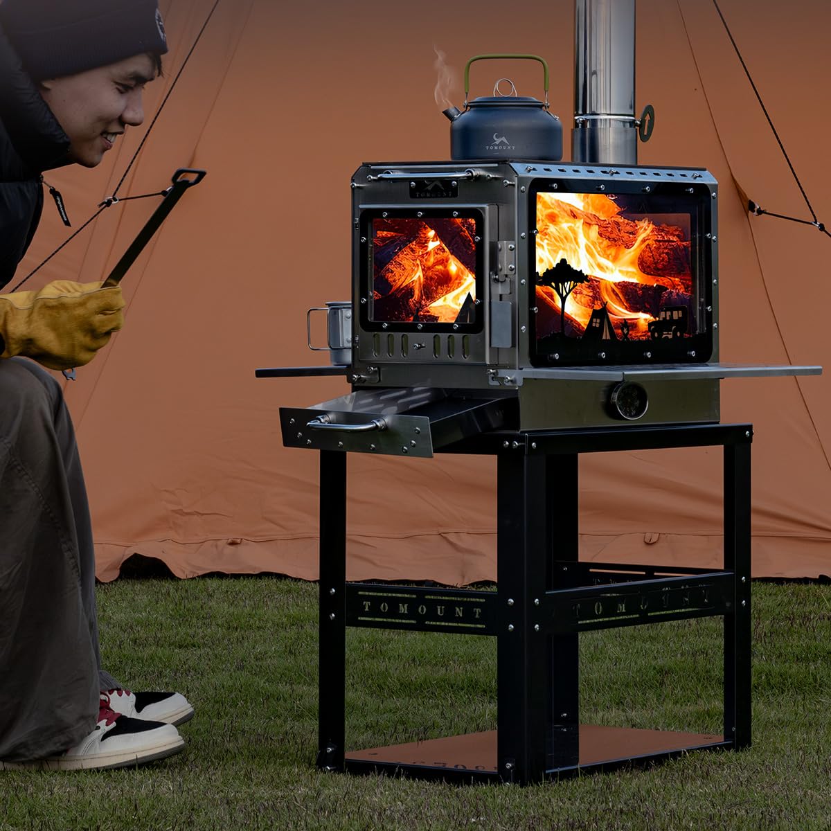 MC TOMOUNT Camping Tent Stove, Ultra-large Capacity Family Wood Burning Stove, Stainless Steel Hot Tent Stove with Stove Frame Base, Portable Wood Stove for 10-30m² Inflatable Tent Bell Canvas Tent