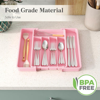 Lifewit Silverware Drawer Organizer, Expandable Utensil Tray for Kitchen, BPA Free Flatware and Cutlery Holder, Adjustable Plastic Storage for Spoons Forks Knives, 8.5"-14.1" x 12.1", Pink