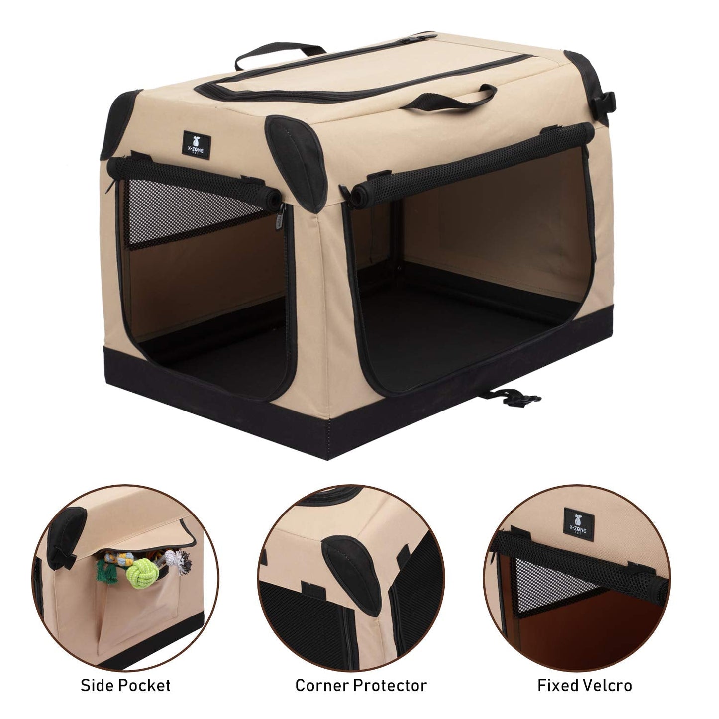 X-ZONE PET 3-Door Portable Soft-Sided Folding Soft Dog Travel Crate Collapsible Pet Kennel,X-Large, 36 x 25 x 25 Inches,Tan