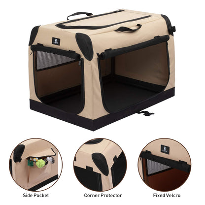 X-ZONE PET 3-Door Portable Soft-Sided Folding Soft Dog Travel Crate Collapsible Pet Kennel,X-Large, 36 x 25 x 25 Inches,Tan