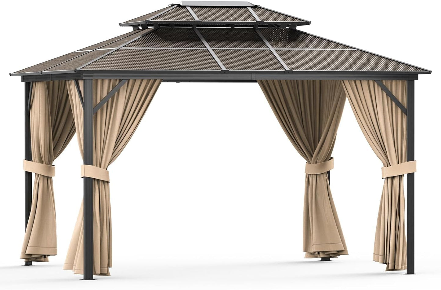 PeakPursuit 10x13FT Hardtop Aluminum Pergola Gazebo – Double Polycarbonate Roof – Heavy Duty Metal Frame – Mesh Netting, Curtains, All-Weather Outdoor Pavilion for Patio, Garden, Poolside – Khaki –