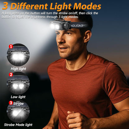 Bud K 12pack Headlamp Rechargeable, 5000L Super Bright Light LED Rechargeable Headlight, 3 Modes, Detachable Flashlight & Waterproof Head Lamp for Adult, Running, Outdoor, Emergency, Hard Hat Light