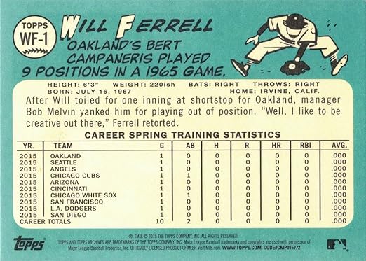 2015 Topps Archives Will Ferrell #WF-1 Will Ferrell Baseball Card - Oakland Athletics (A's)