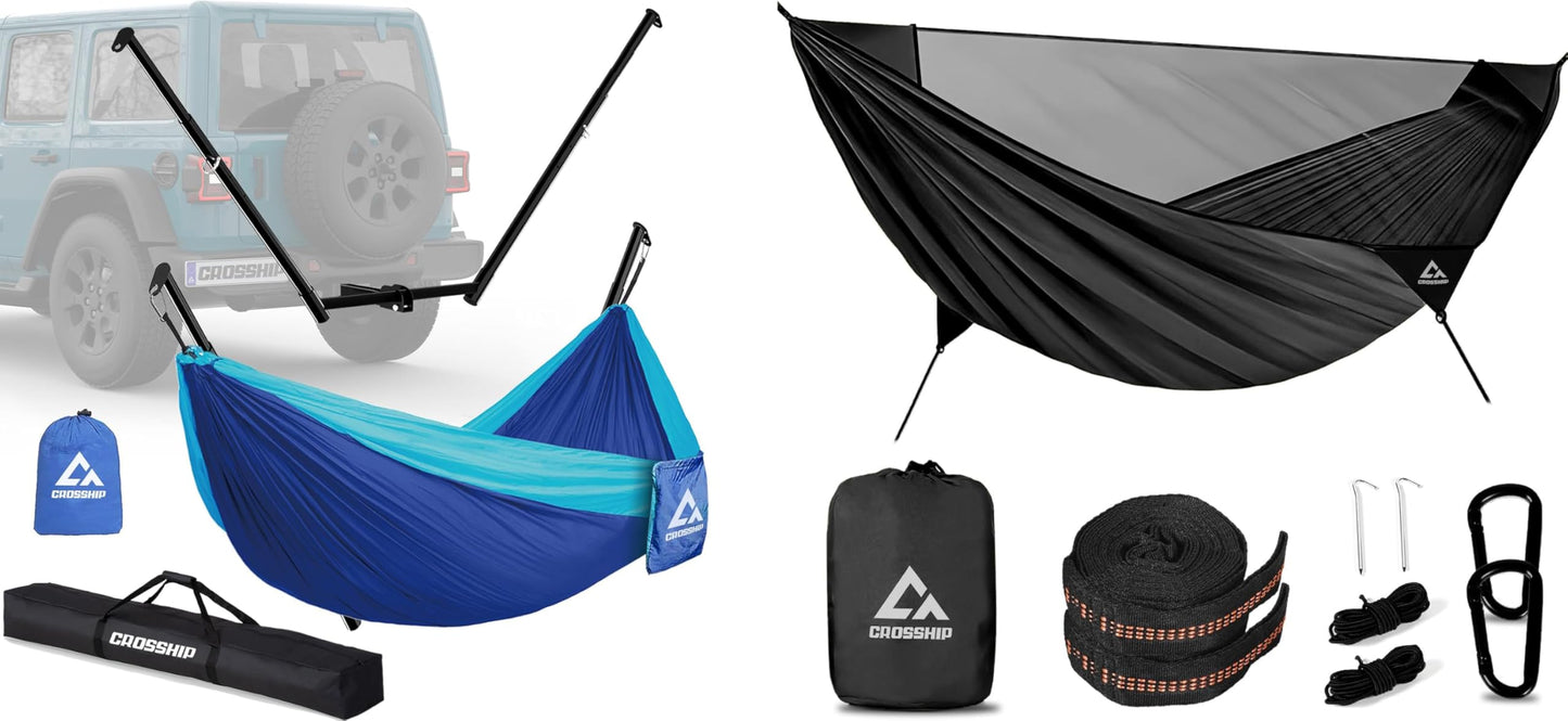 Black Camping Hammock with Mosquito Net & Hitch Mount Stand - Complete Bundle