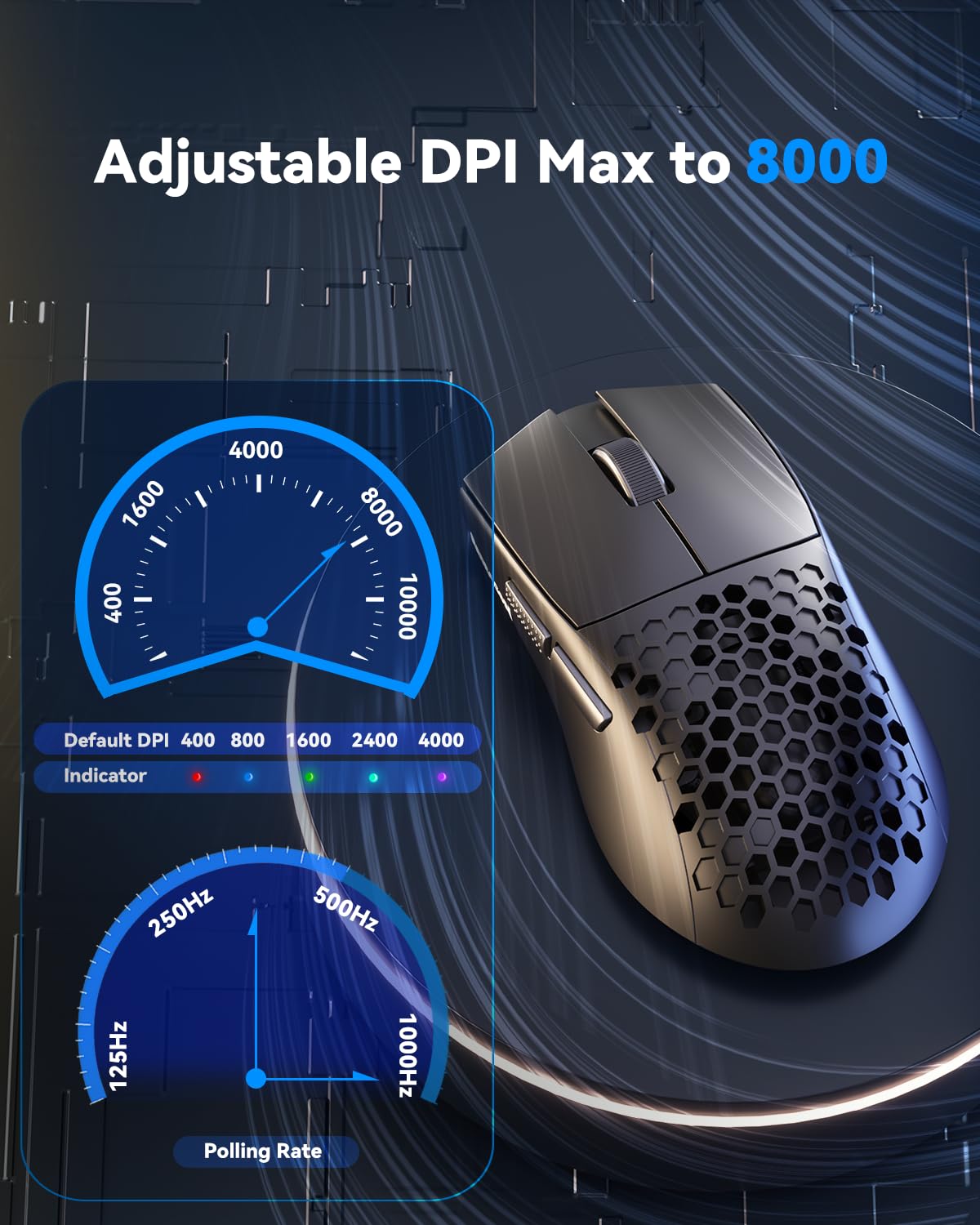 Redragon M725 Honeycomb Shell Gaming Mouse Wireless, Ultra Lightweight 49g, 8000 DPI Tri-Mode BT5.1/2.4GHz/Type-C Wired Gamer Mouse with 2 Side Buttons, Macro Programmable for PC/Mac/Laptop, Black