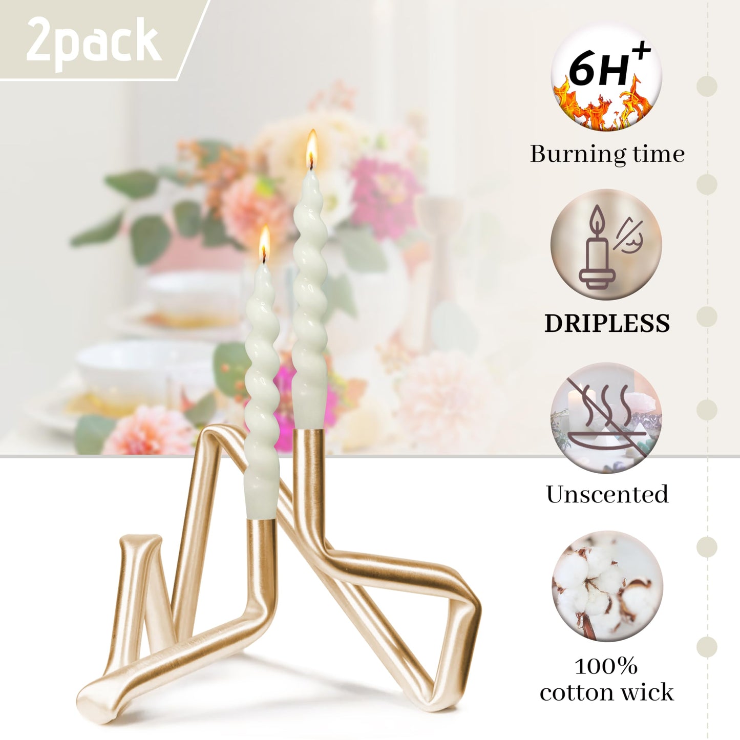 Spiral Taper Candle Milk White Unscented Twisted Candlesticks 7.5 Inch Smokeless Short Candle Stick for Wedding Dinner Decor Creative Gift 2PCS