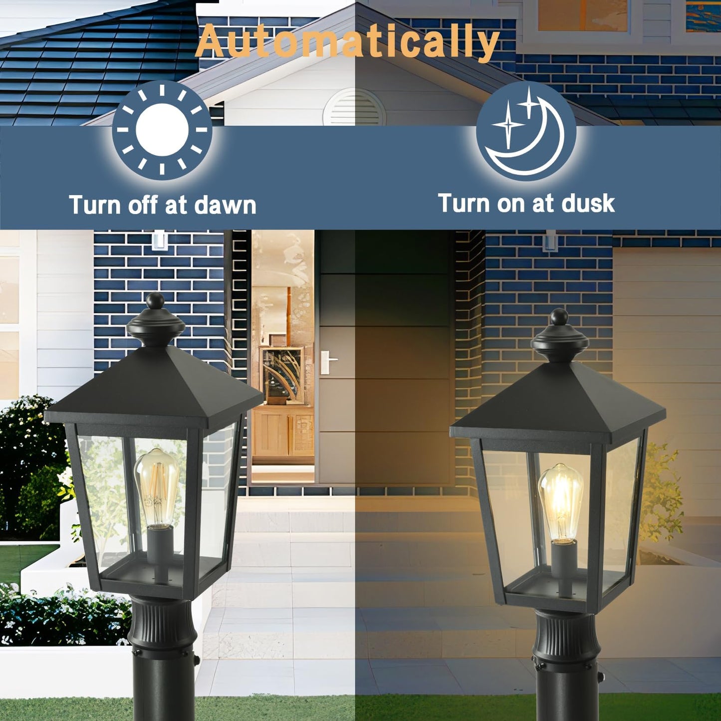 Outdoor Post Light with GFCI Outlet, Dusk to Dawn Aluminum Pole Lantern with Built-In Weatherproof Socket, IP65 Waterproof Post Light Fixture with Clear Glass Shade, Black for Yard Pathway Garden