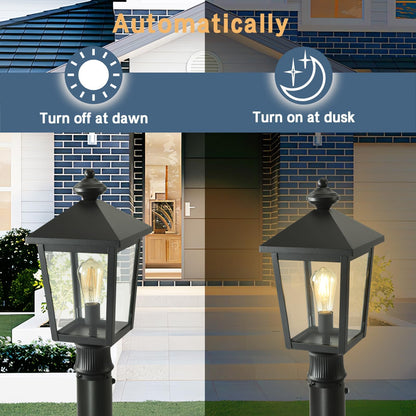 Outdoor Post Light with GFCI Outlet, Dusk to Dawn Aluminum Pole Lantern with Built-In Weatherproof Socket, IP65 Waterproof Post Light Fixture with Clear Glass Shade, Black for Yard Pathway Garden
