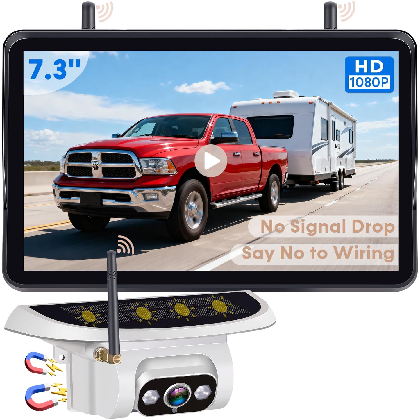 Pemacom Wireless Backup Camera for Towable-RV: 1-Second Magnetic No Wiring Long Distance Signal for Thor/Forest River Series RVs - 7.3" Recording Monitor HD 1080P Auto Sleep Solar RV Backup Camera