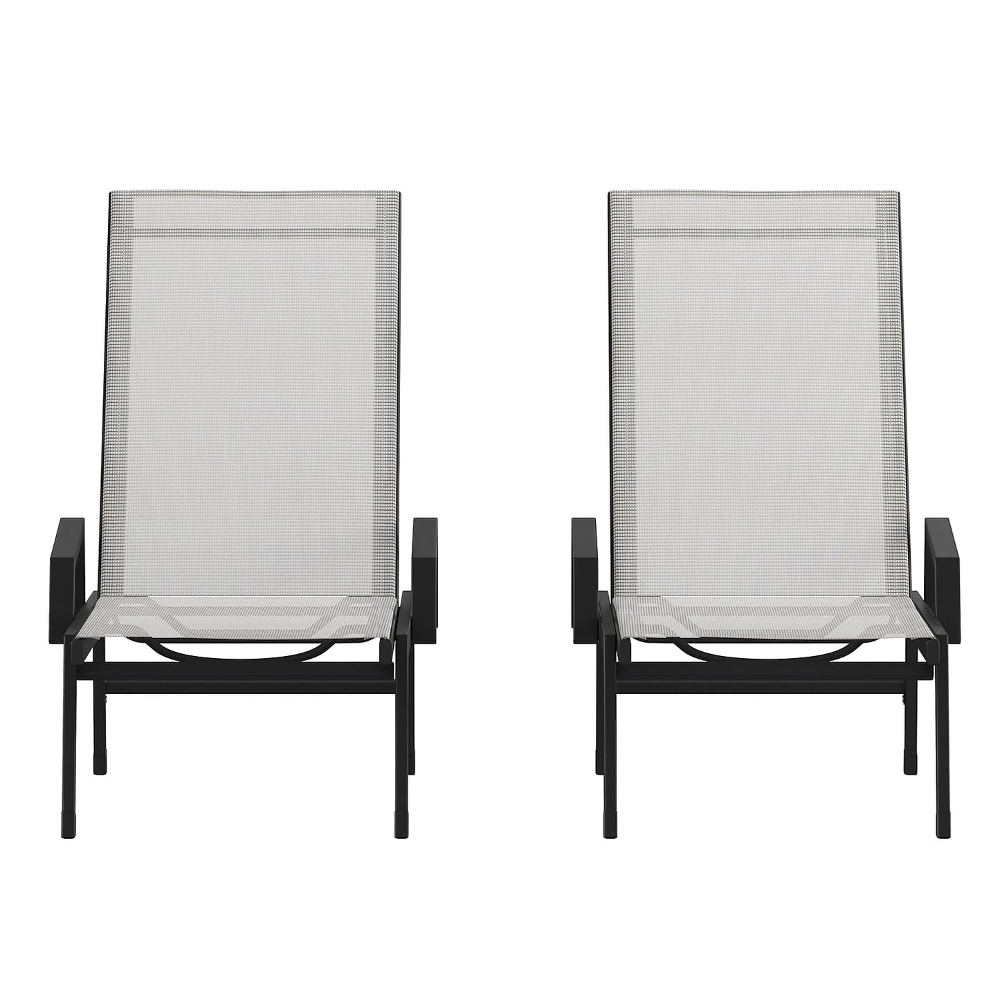Flash Furniture Brazos Set of 2 Adjustable Chaise Lounge Chairs with Arms, All-Weather Outdoor Five-Position Recliners, Black/Gray