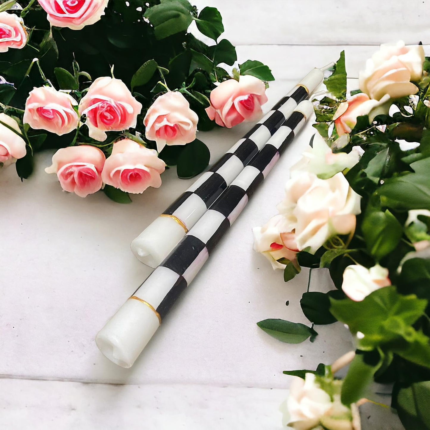 %100 Handmade Decorative Hand Painted Taper Candles, 2 Pack | Full Checkered Black & White | for Dinner Table and Interior Decoration,Gift for Celebration Decoration