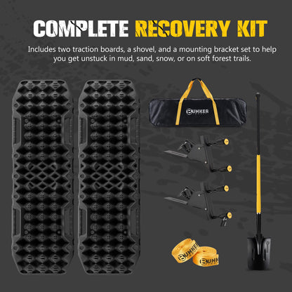 BUNKER INDUST Traction Board Recovery Kit, 2 Pcs Gen 7th Recovery Track with Carry Bag, Side Mount Bracket Kit with Lock, 1 Pcs 59 inch Square Shovel for Garden,Digging,Camping, 4x4 Off-Road