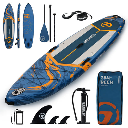 GENREEN Stand Up Paddle Board SUP Inflatable Paddleboard Newly Improved Quality Inspection5 Ultra Stable 5 Grips 450LBS 3 Fins EVA 0.5cm Wide 11'34"6" for JP Customers (Ocean Blue)
