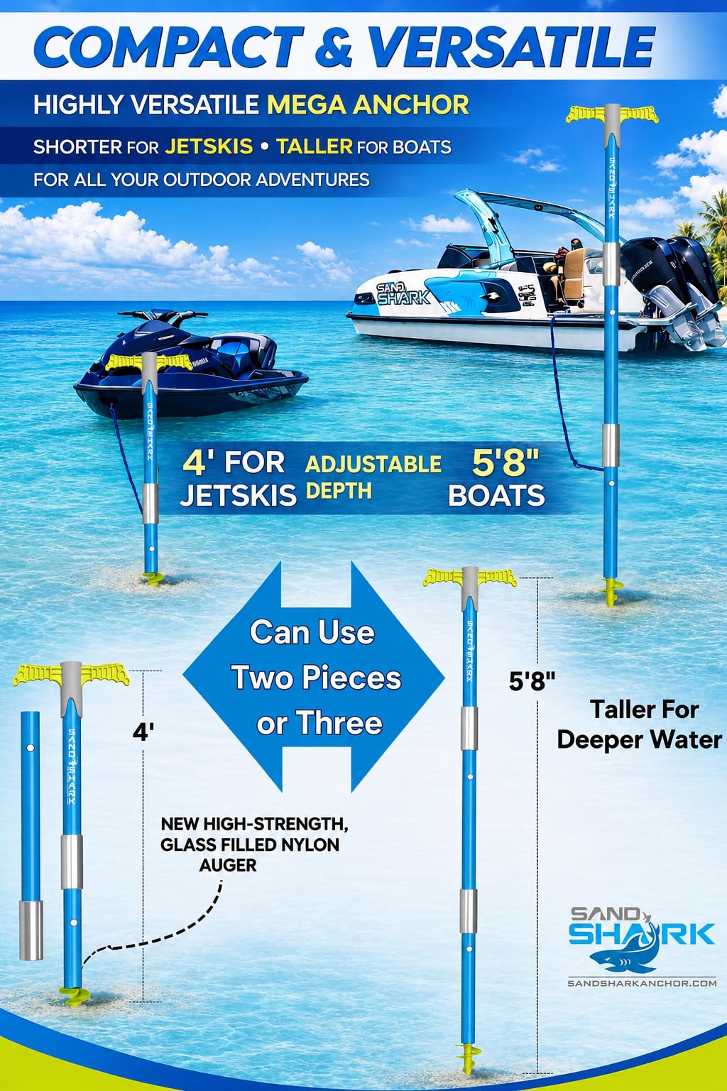 SandShark New MEGA-Sport Boat Anchor. Boat Anchor Kit w/Rip-Stop Padded Case, Easy to Adjust. Shallow Water Anchor Pole for Boat. Must Have Pontoon Boat Accessories, Converts from 4ft to 5ft 8in