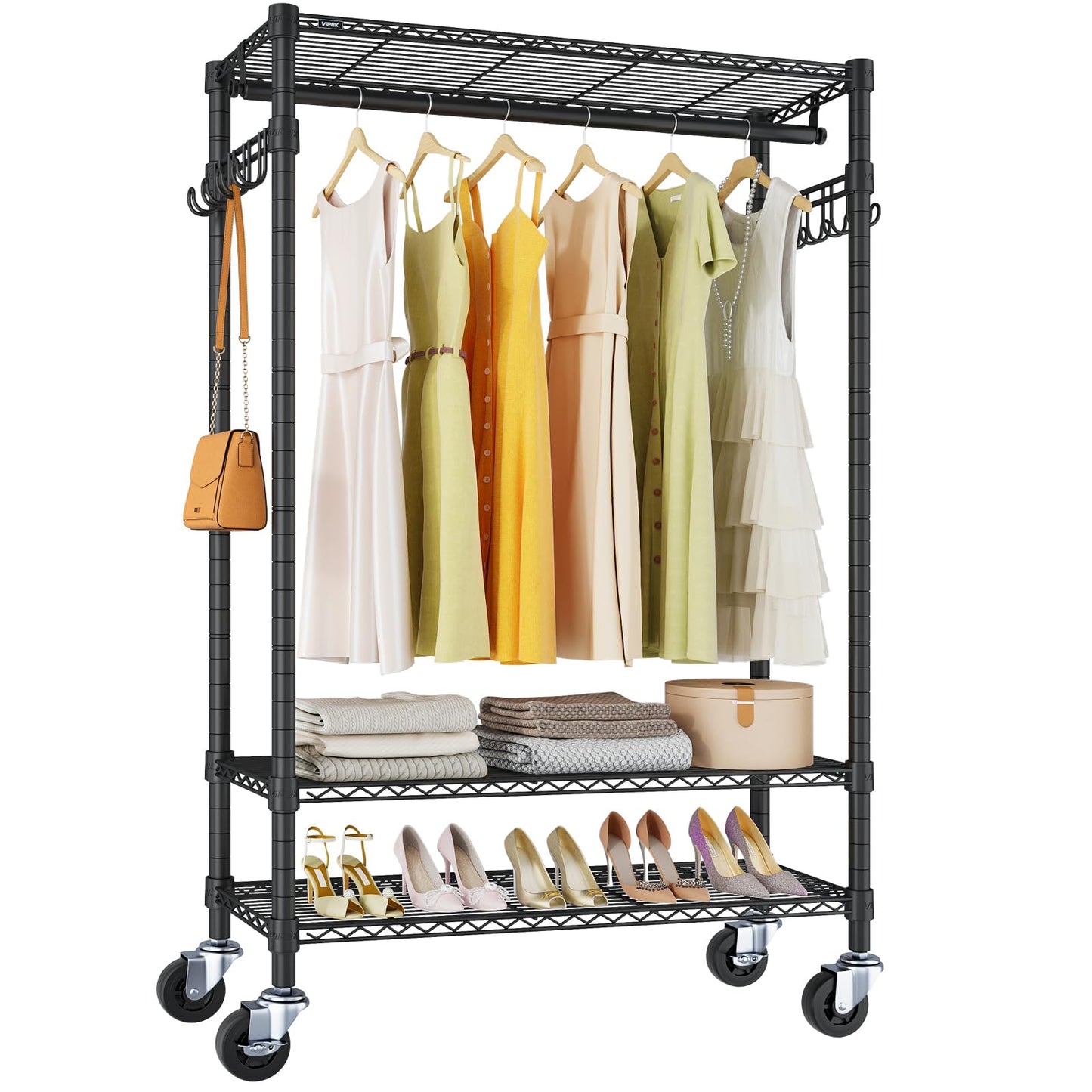 VIPEK R3 Heavy Duty Garment Rack with Lockable Wheels, Portable Rolling Closet with Adjustable Shelves & Hanging Rod & Side Hooks, Compact Space-Saving Storage for Small Apartments/Dorms (Black)