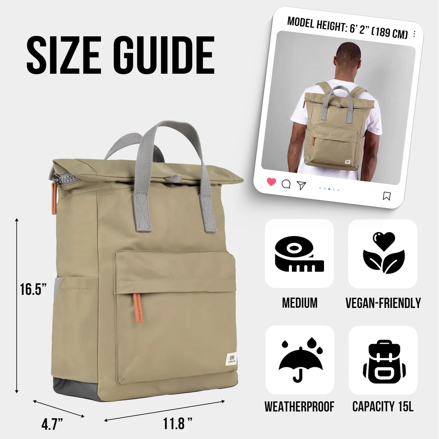 ORI LONDON Travel Backpack - Medium Nylon Rolltop Backpack for Men & Women with Multiple Pockets for Laptop, Phone, Keys, Wallet, Bottles - The Canfield, Taupe, 16.5x11.8x4.7”