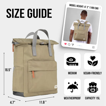 ORI LONDON Travel Backpack - Medium Nylon Rolltop Backpack for Men & Women with Multiple Pockets for Laptop, Phone, Keys, Wallet, Bottles - The Canfield, Taupe, 16.5x11.8x4.7”