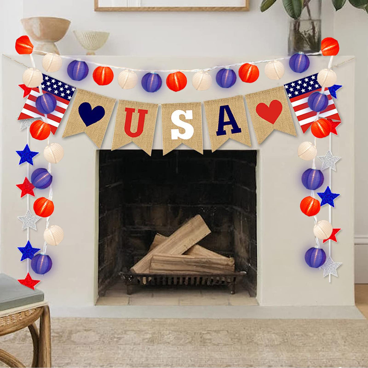 SUNSGNE Lantern String Lights, 10 Red White Blue Lanterns, 8.5Ft Plug-In Mini Lights for Patio Garden Decor
