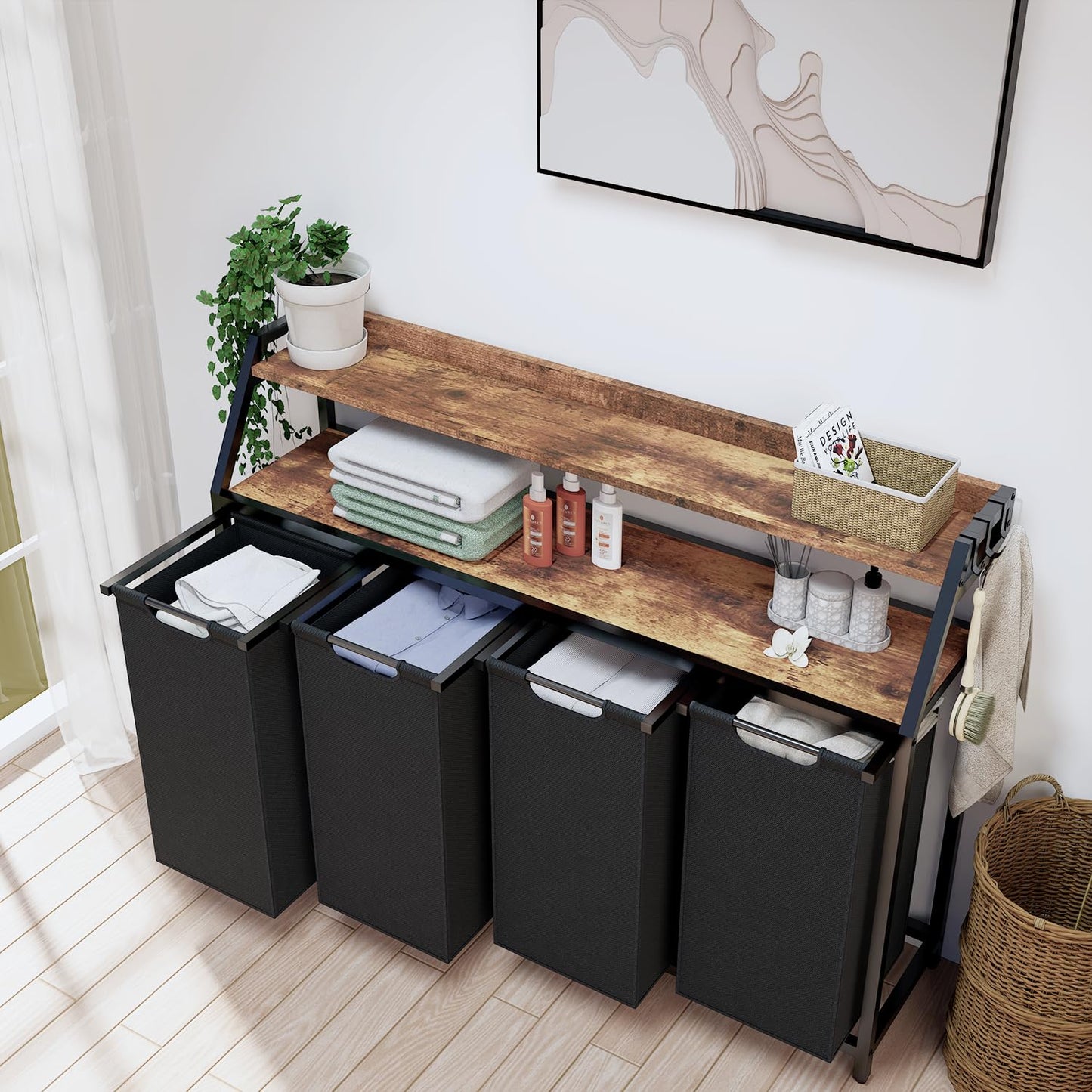 Timberer Laundry Hamper, Laundry Sorter with 4 Section, Rolling Basket with Wheels, 2 Shelves, 4 14.5 Gal, Pull-Out and Removable Oxford Fabric Bags for Laundry Room, Black and Rustic Brown