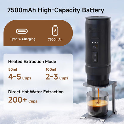 HIBREW H4C Ultra Portable Electric Espresso Maker, 51mm Bottomless Professional Coffee Maker, USB-C Rechargeable for Ground Coffee, Compact for Camping and Travel, with Foldable Holder & Carrying Case