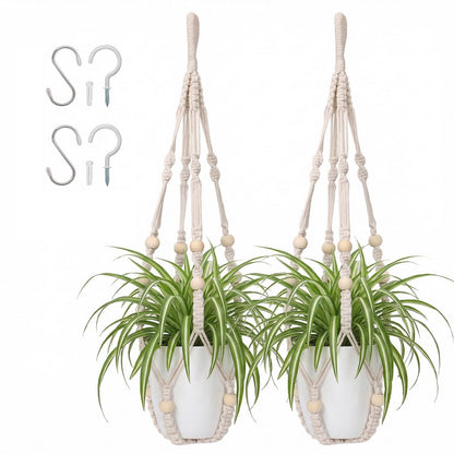 mivofo Macrame Plant Hanger 23", Set of 2 No Tassel Hanging Plant Holder Indoor, Sturdy Flower Pot Holder with 4 Hooks - Ivory (Pot NOT Included)