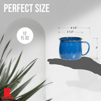 Red Co. Set of 4 Enamelware Metal 12 Oz Round Camping Coffee Mugs with Handle, White-Speckled Blue/Black Rim