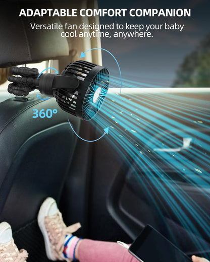Portable Stroller Mini Fan, Small Rechargeable Personal Cooler w/ 360° Rotation, 3-Speed, Display, Battery Powered Stroller Accessories, Baby Essentials for Car Seat, Crib, Bike, Treadmill, Black