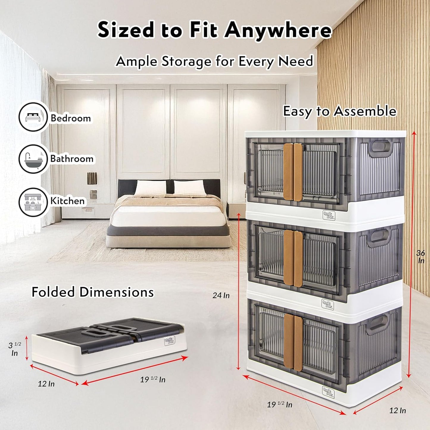 FELICON 19 Gallon 3 Pack Stackable Storage Bins with Lids,Doors,Wheels,Collapsible Organizer Foldable Container,Wardrobe Closet for Bedroom Living Room Neat,Dorm,Organized Homes(White)