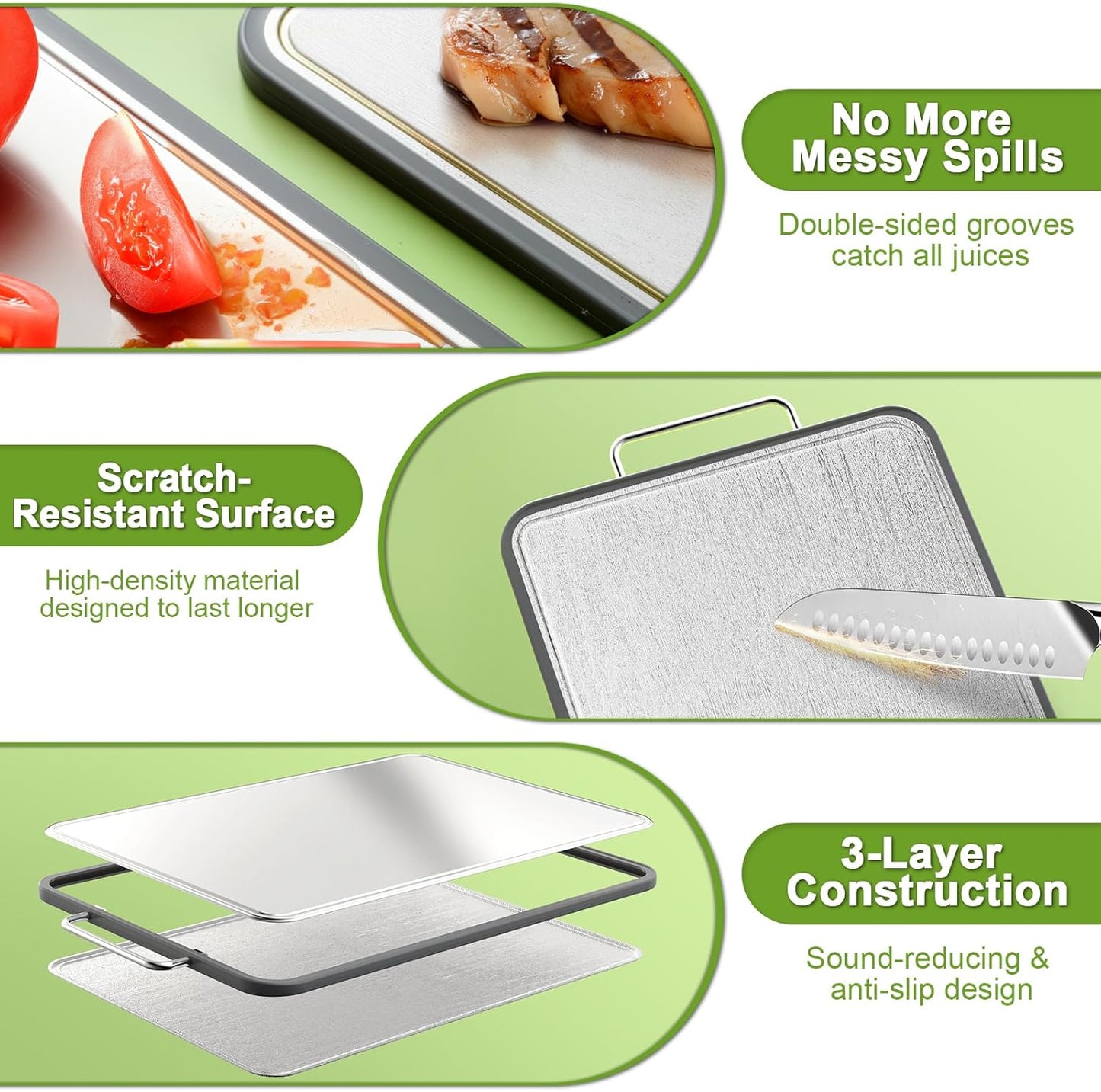 Stainless Steel Cutting Board - 17" x 11" Heavy Duty Chopping Board with Juice Grooves | Non-Slip & Dishwasher Safe