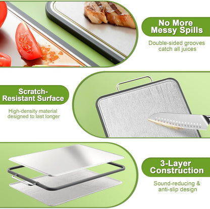 Stainless Steel Cutting Board - 17" x 11" Heavy Duty Chopping Board with Juice Grooves | Non-Slip & Dishwasher Safe