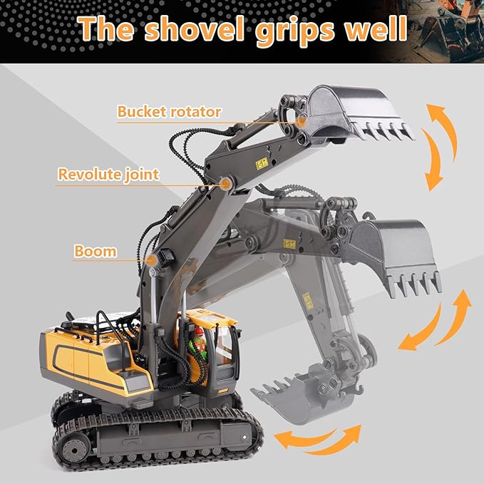 PREPOP Remote Control Excavator Toy for 6-12 yr Boys Best Birthday Gifts for Kids 4-7 8 9 10 11 Year Old RC Construction Toys with Metal Shovel Lights Sounds 2.4Ghz