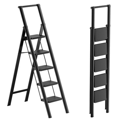 GameGem 5 Step Ladder Folding Step Stool Stepladders with Anti-Slip and Wide Pedal for Home and Kitchen Use Space Saving (Black)