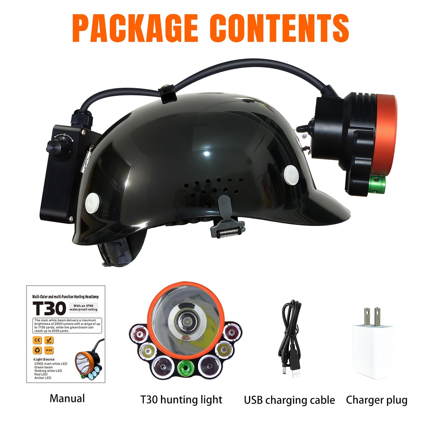 Pseudes T28 5-Color 3000-Yard Coon Hunting Lights – 2000 lm White/Green/Red/Amber Spot & Green Beam, IPX6 Waterproof Night Hunting Headlamp for Varmint, Hog & Coyote Light (with ABS Black hat)