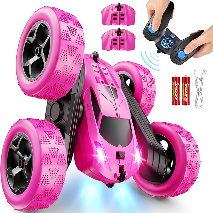 RC Cars Rose Remote Control Car for Girls 2.4 GHZ Double Sided RC Stunt Car 360° Rotating Remote Control Crawler with Headlights Car Toys for 6 7 8 9 10 11 12 Girls Birthday Gift