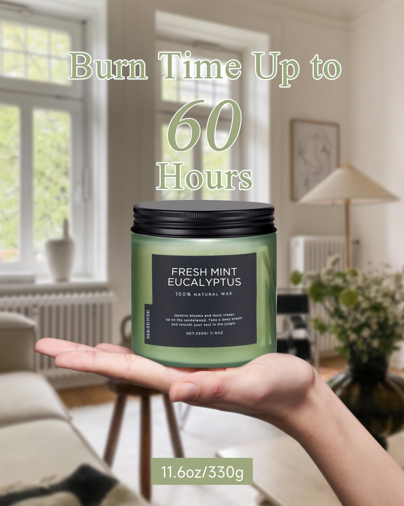 M&SENSE Eucalyptus & Mint Home Scented Candles, 11.6oz Organic Non Toxic Soy Candle, 70-Hour Long Burning, Aromatherapy Gifts for Stress Relief Relaxation Meditation, Natural Smelling for Men Women