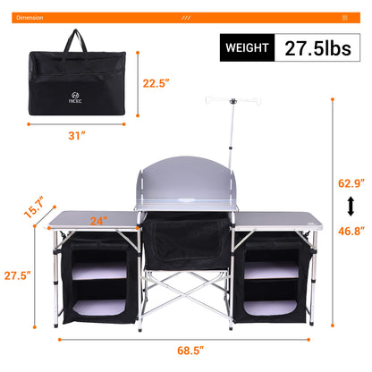 Nice C Camping Kitchen Table, Folding Grill Table, Upgrade Light Stand and Windshield Cooking Station & 3 Organizers, Carry Bag for Outdoor, Beach, BBQ, Picnic, Cooking, Indoor, Office(Silver)