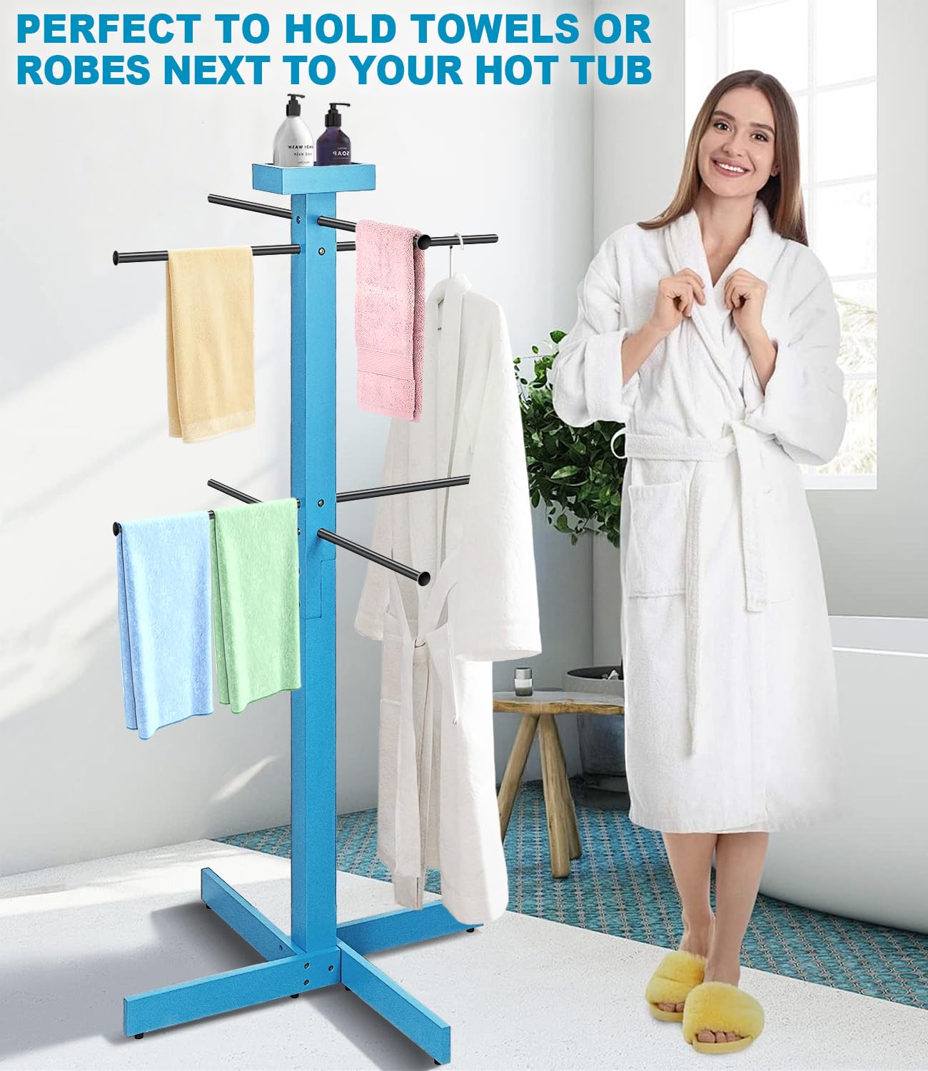Pool Towel Rack Outdoor, 53in Wood Pool Towel Holder Stand with 4 Adjustable Bars, Outdoor Towel Rack for Pool Area Outside, Waterproof Freestanding Towel Drying Rack for Poolside, Hot Tub, Spa,Beach