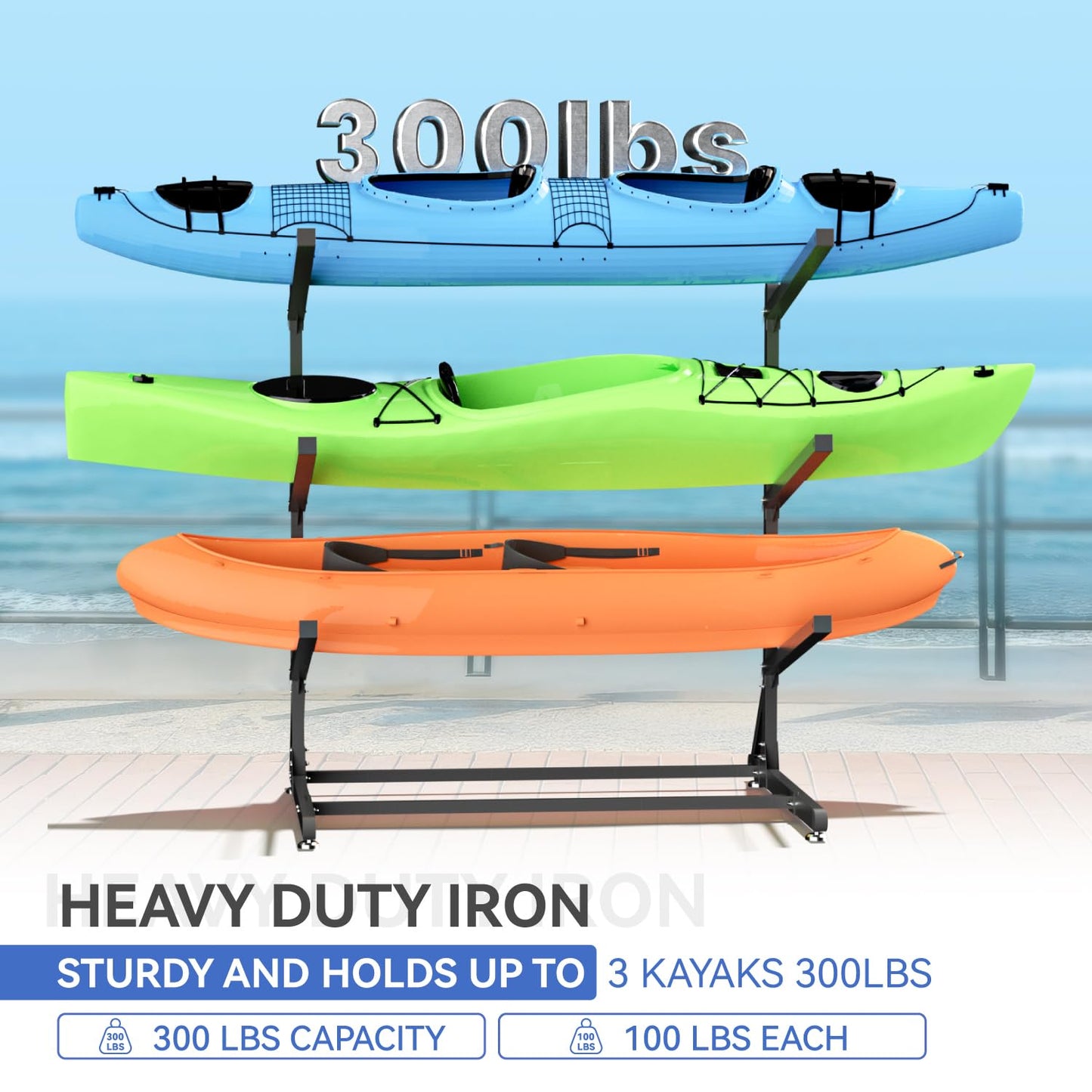 RDCMKL Freestanding Kayak Storage Rack for Outside, Heavy Duty Kayak Storage Hanger for Garage, Adjustable Kayak Stand Outdoor, Canoes, Surfboard & Paddleboard (3 Levels)