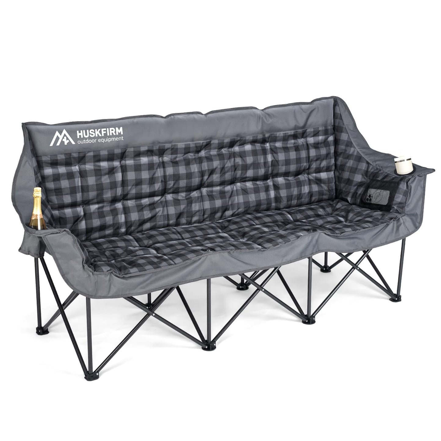 Huskfirm 3 Person Camping Chair Padded Loveseat Camping Chair Folding Camping Couch Portable Double Camping Chairs Heavy Duty Camp Chair for Adults Outdoor Lawn with Two Cup Holders and Carry Bag