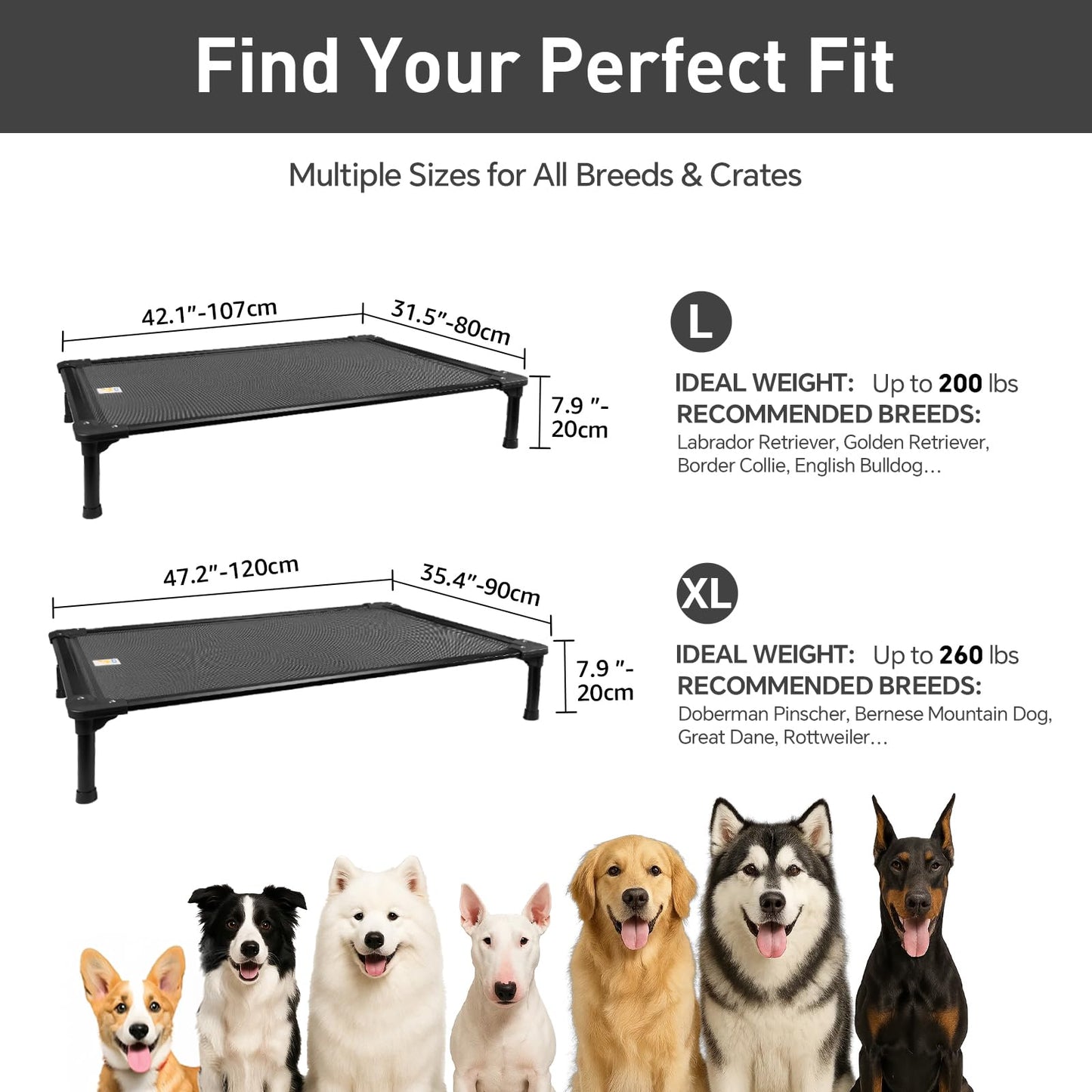 Sytopia 42'' Outdoor Elevated Dog Bed for Large Dogs, Chew-Proof Pet Camping Raised Cot with Breathable Mesh - Durable Frame, Cooling Hammock Bed, Non-Slip Feet, Waterproof, Easy Clean