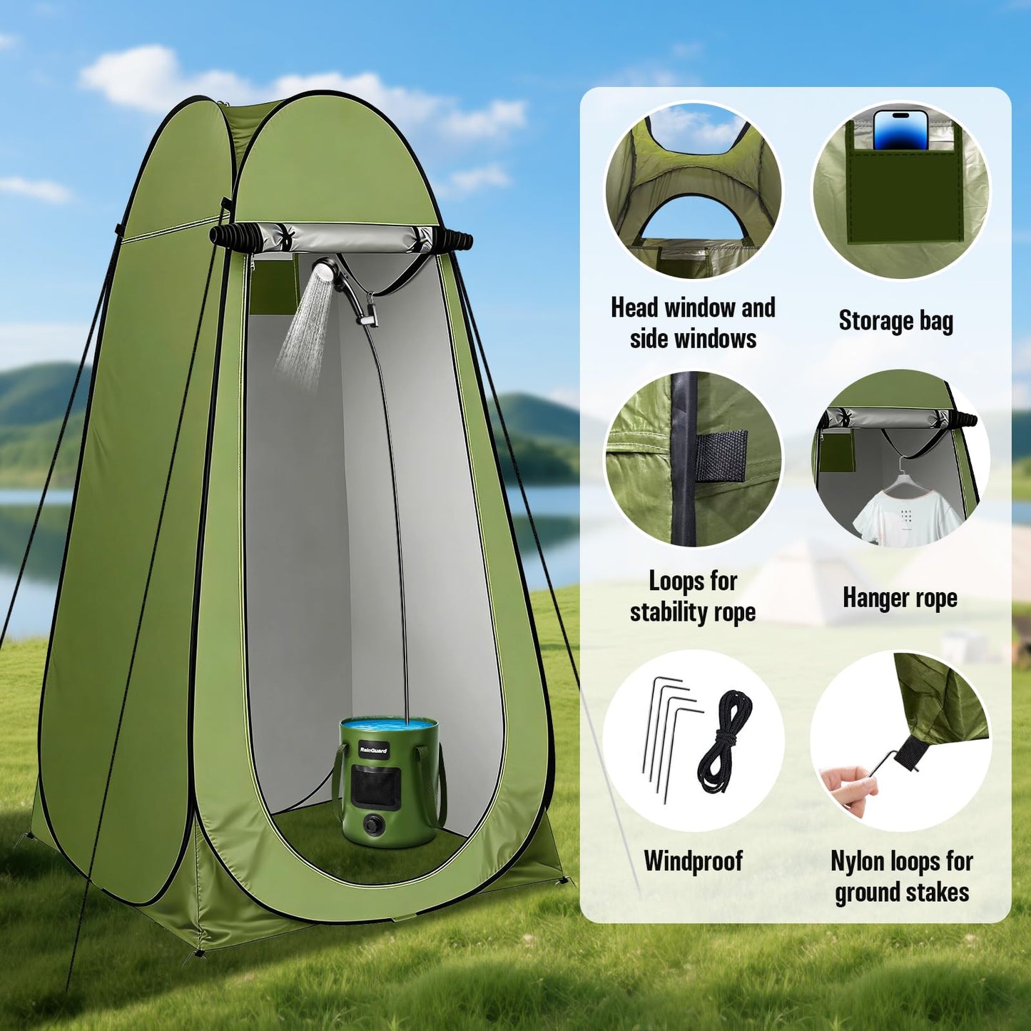 Portable Shower with Heater, Pop Up Camping Shower Privacy Tent Kit with LED Lights, 6000mAh Rechargeable Shower Pump, 6.6 Gal Foldable Bucket, Outdoor Camp Shower Kit for Travel, Pet Bath, Car Wash