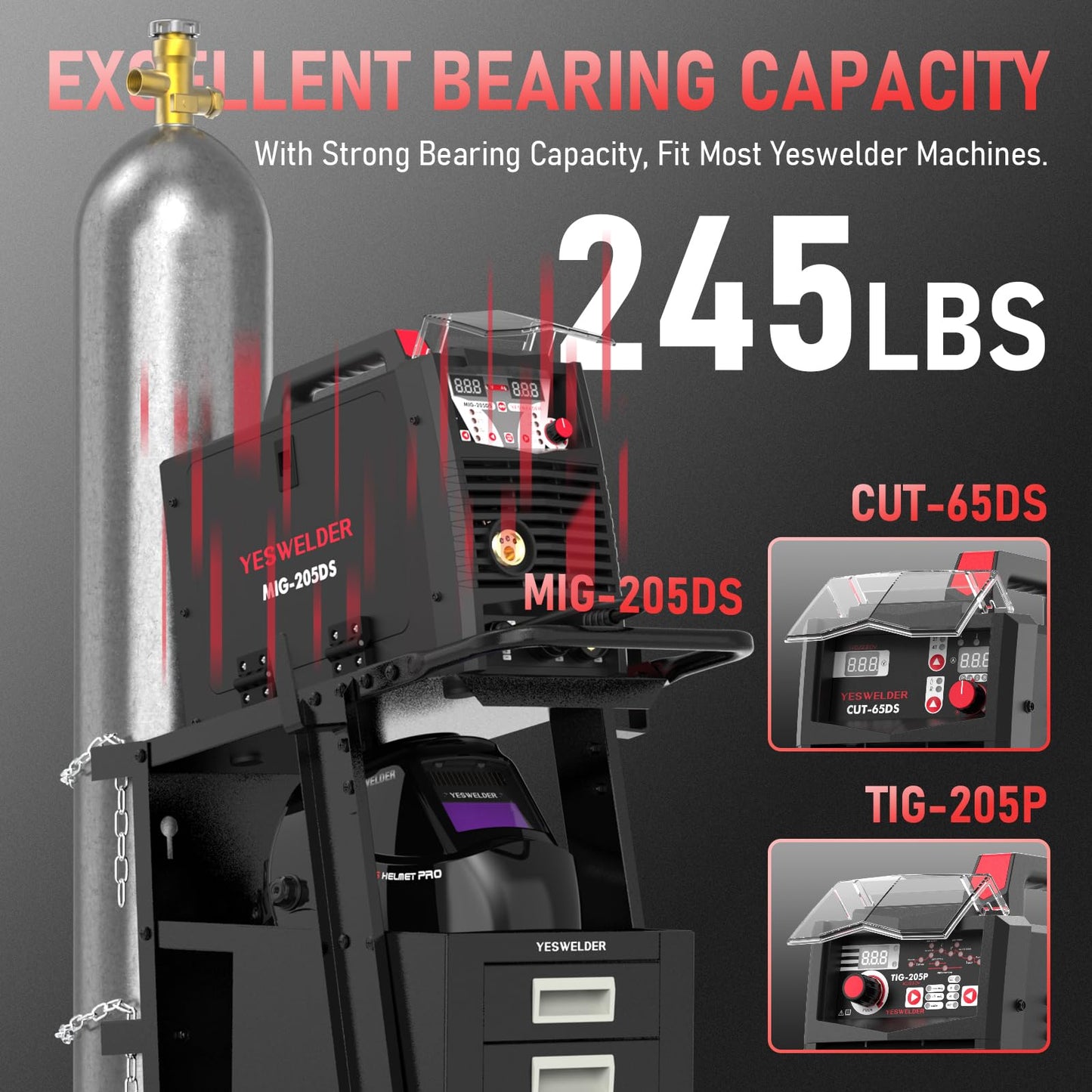 YESWELDER 2-Tier Welding Cart with 4 Drawers, Heavy Duty Large Storage Welding Trolley with 360° Rolling & Safety Chains for MIG TIG Welder and Plasma Cutter