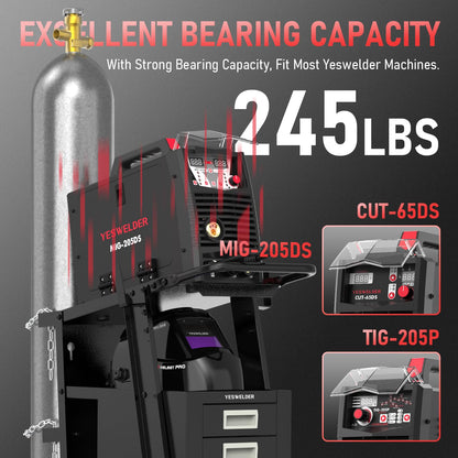 YESWELDER 2-Tier Welding Cart with 4 Drawers, Heavy Duty Large Storage Welding Trolley with 360° Rolling & Safety Chains for MIG TIG Welder and Plasma Cutter