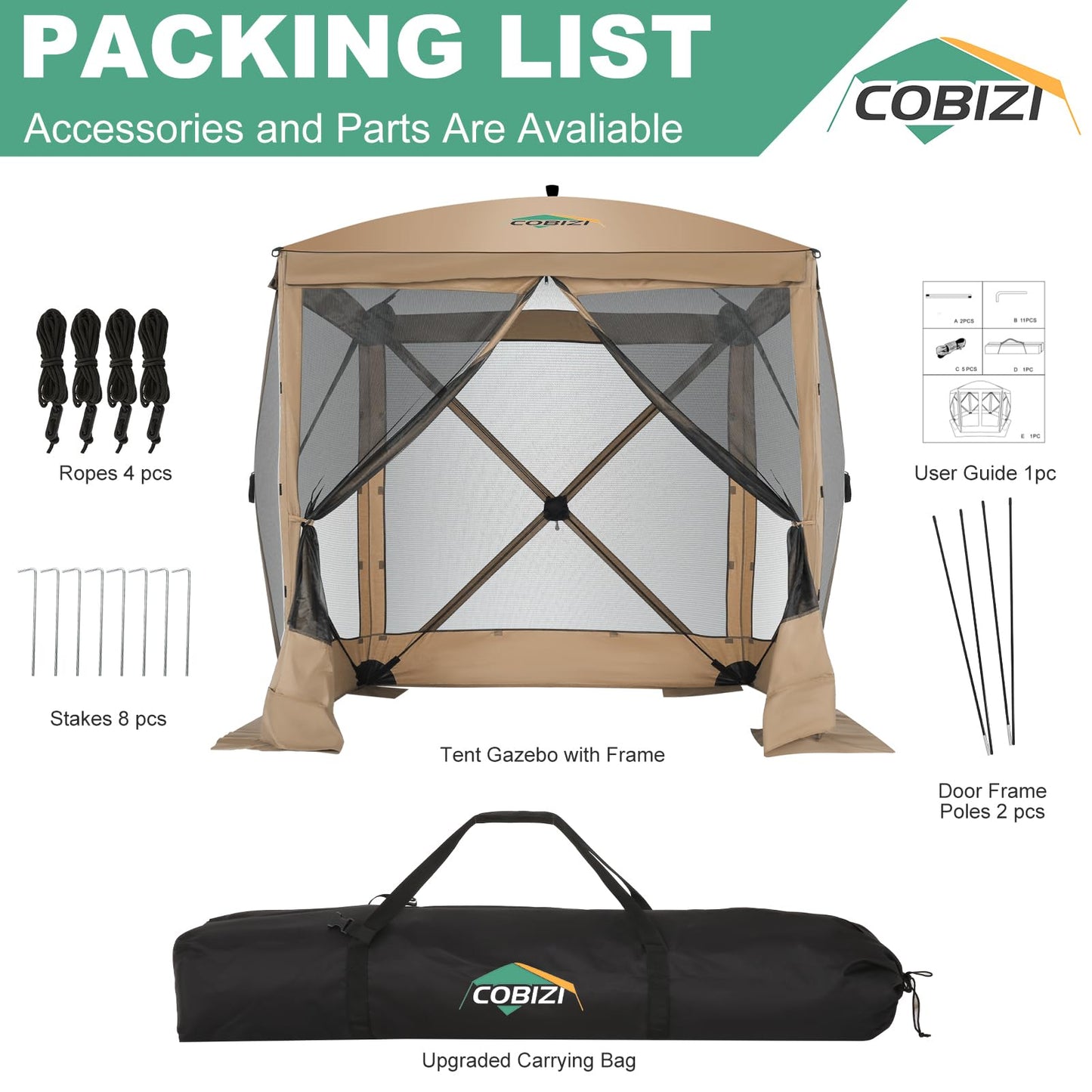 COBIZI 6x6 FT Pop up Gazebo Tent, Waterproof Instant Screen with Mosquito Netting, Portable Outdoor Small Screen Tents Sun Shelter, carpas para Patio for Outdoor Camping, Backyard and Garden, Khaki