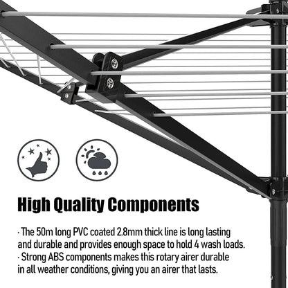 Outdoor Umbrella Clothesline, 165 Feet Heavy Duty Rotary Dryer with 12 Lines & 4 Arms, Adjustable Height Foldable Retractable Collapsible Metal Drying Rack for Backyard, Patio, Garden
